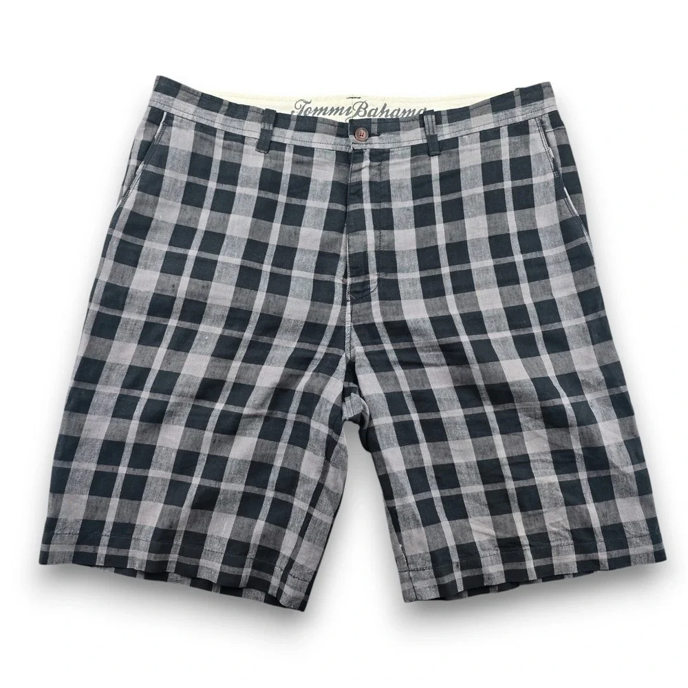 Tommy Bahama Mens 36 Shorts Black Grey Plaid Linen Silk Blend Paradise Nation